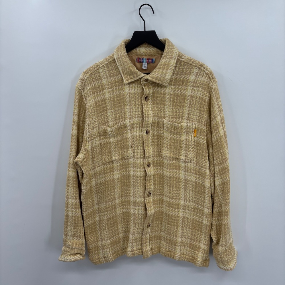 Urban Outfitters Button Down Shirt Shacket Medium Tan Yellow Plaid Cotton Retro